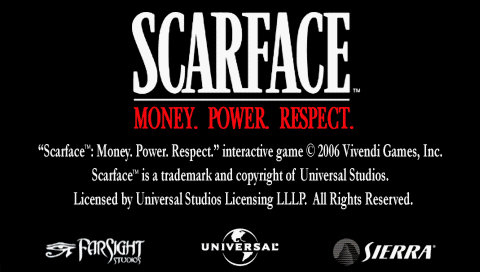 Scarface Money. Power. Respect title screen for PSP